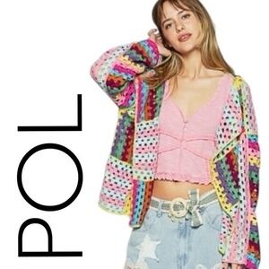 POL Crochet Granny Square Patchwork Cardigan Sweater Multi Color Womens One Size